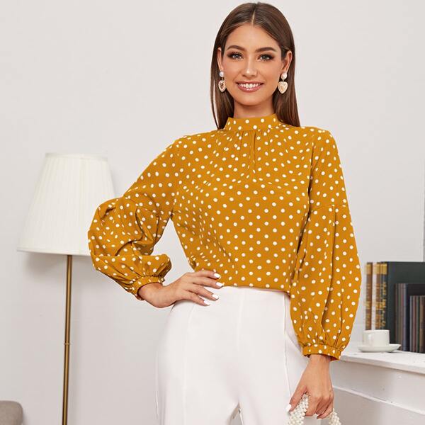 

Mock Neck Lantern Sleeve Curved Hem Dot Print Blouse, Yellow