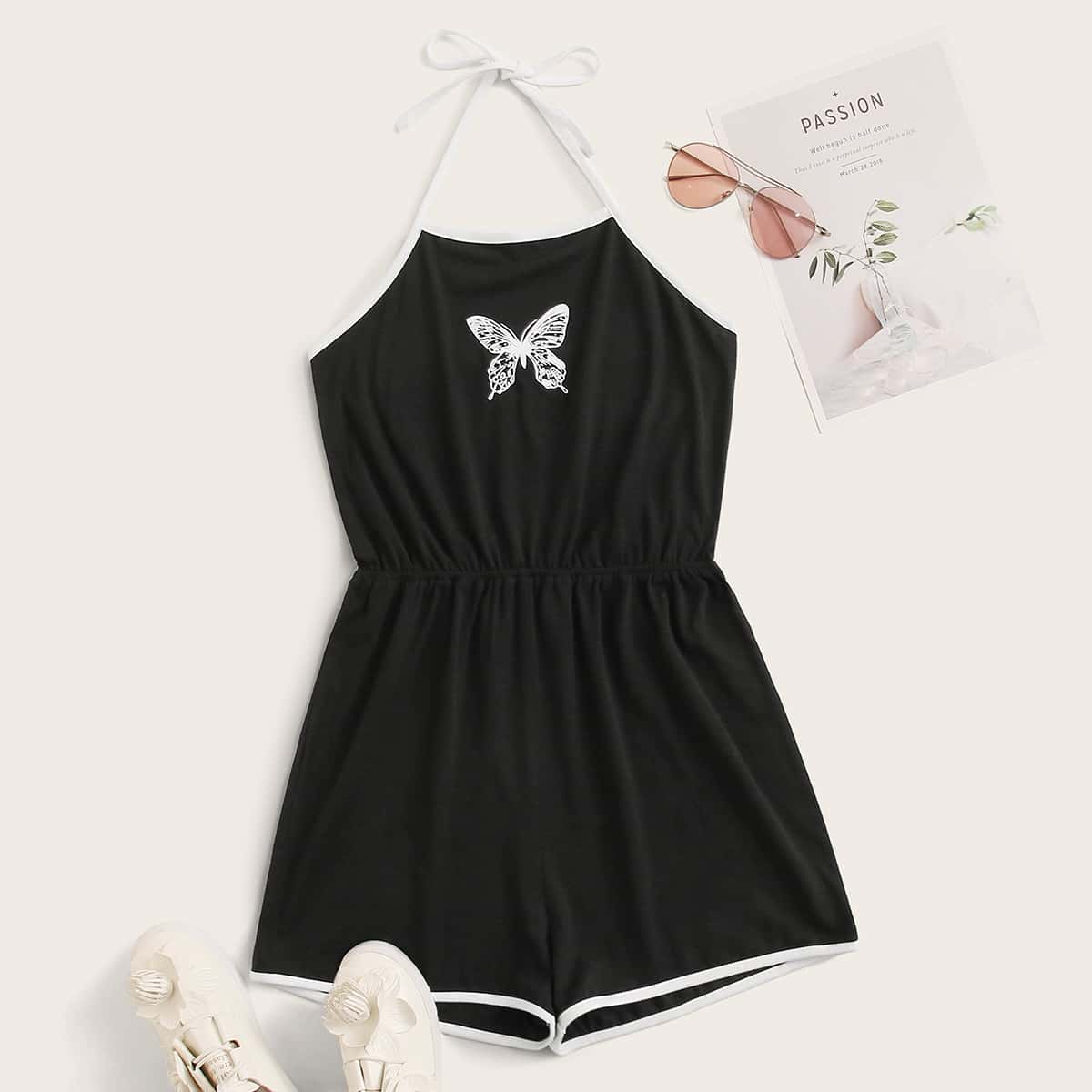 

Butterfly Print Contrast Binding Halter Romper, Black