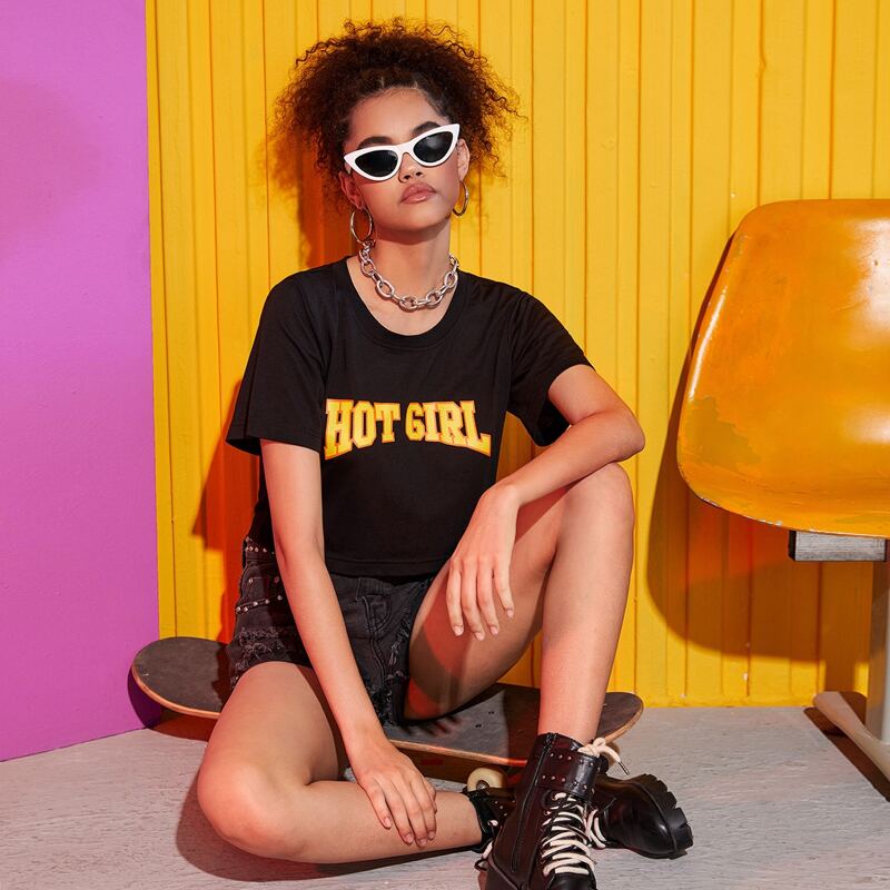 

Letter Graphic Crop Tee, Black