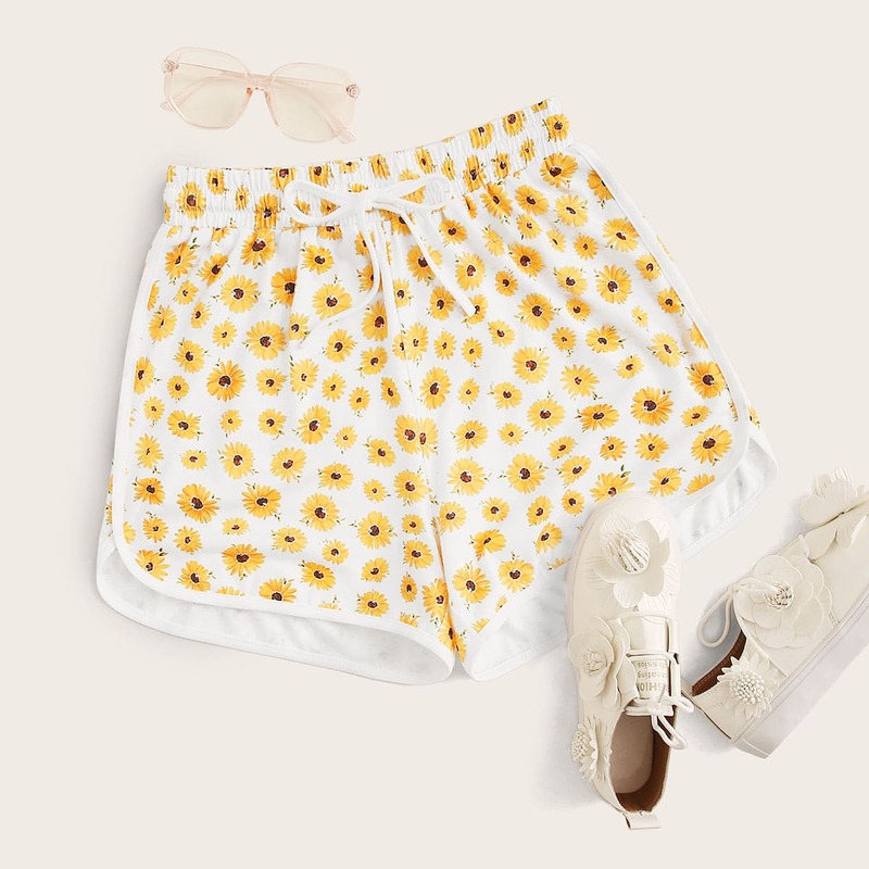 

Sunflower Print Drawstring Waist Dolphin Shorts, Multicolor