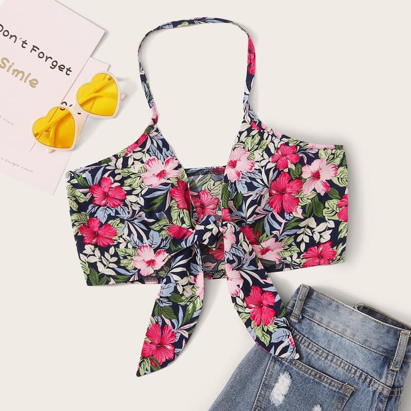 

Floral Knot Front Chiffon Crop Halter Top, Multicolor