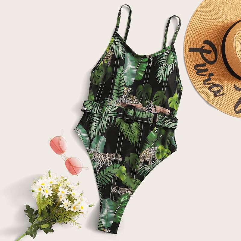 

Tropical Random Print One Piece Swimsuit, Multicolor