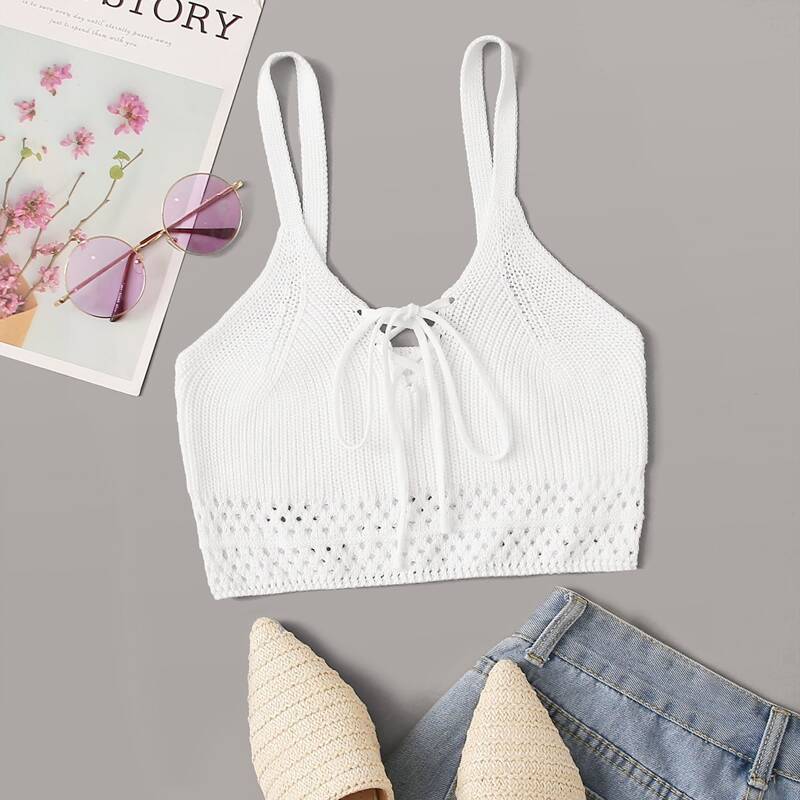

Lace Up Knot Pointelle Knit Cami Top, White
