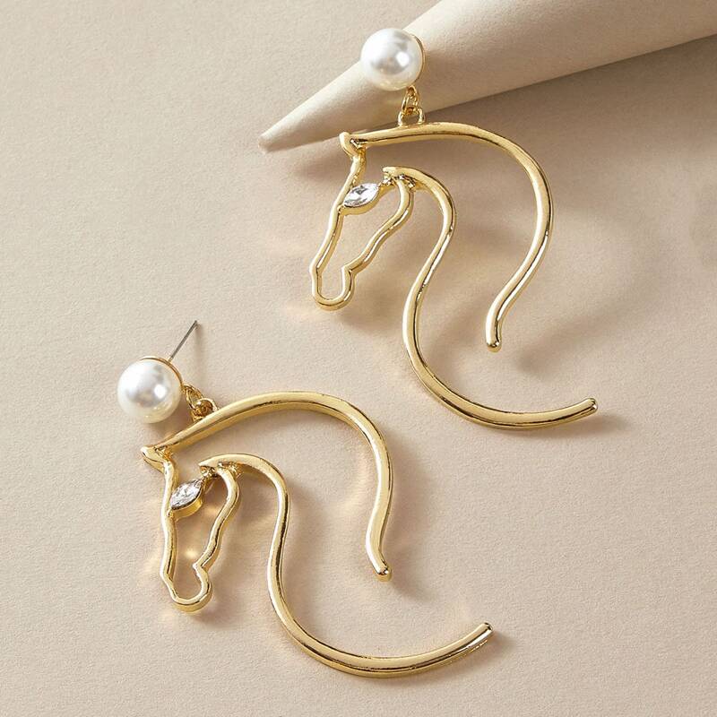 

1pair Faux Pearl Decor Seahorse Drop Earrings, Gold