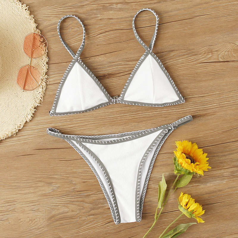 

Rib Contrast Binding Triangle Thong Bikini Swimsuit, White