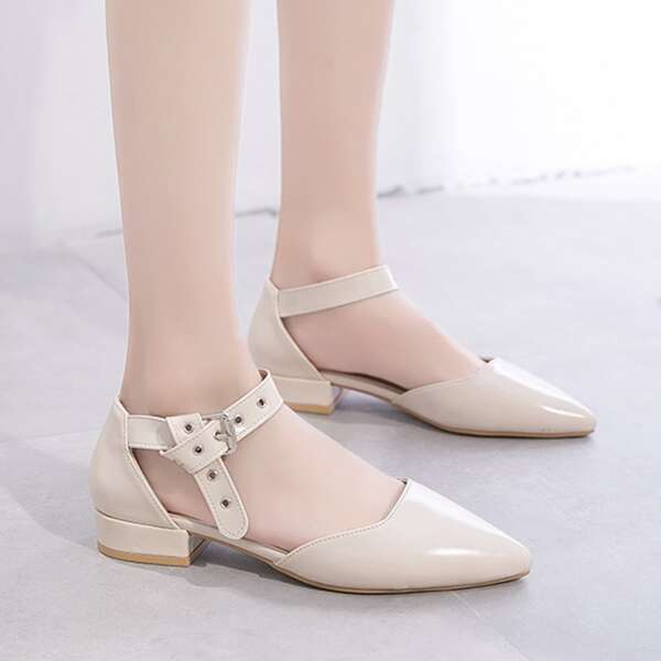 

Point Toe Buckle Strap Flats, Beige