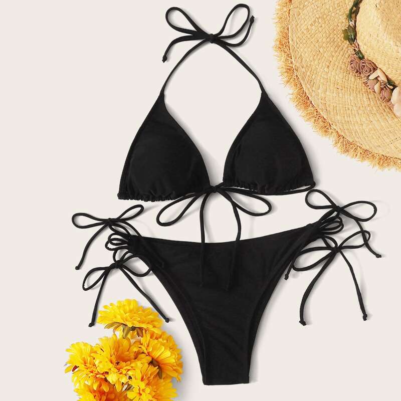 

Triangle Tie Side Bikini Swimsuit, Black