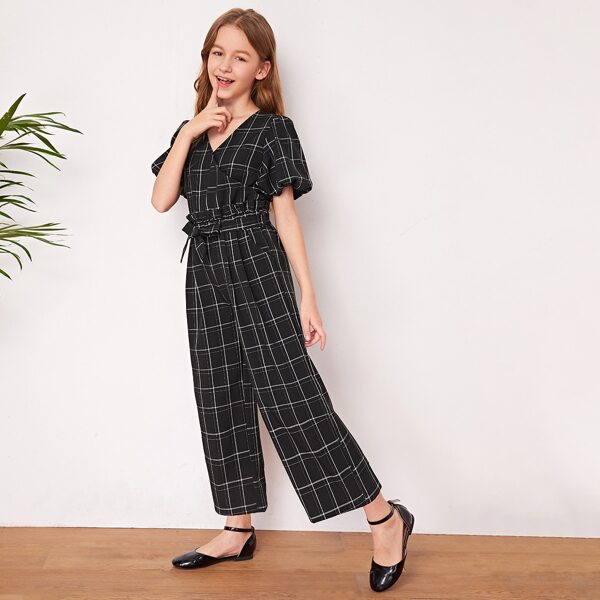 

Girls Surplice Neck Paperbag Waist Wide Leg Plaid Jumpsuit, Black