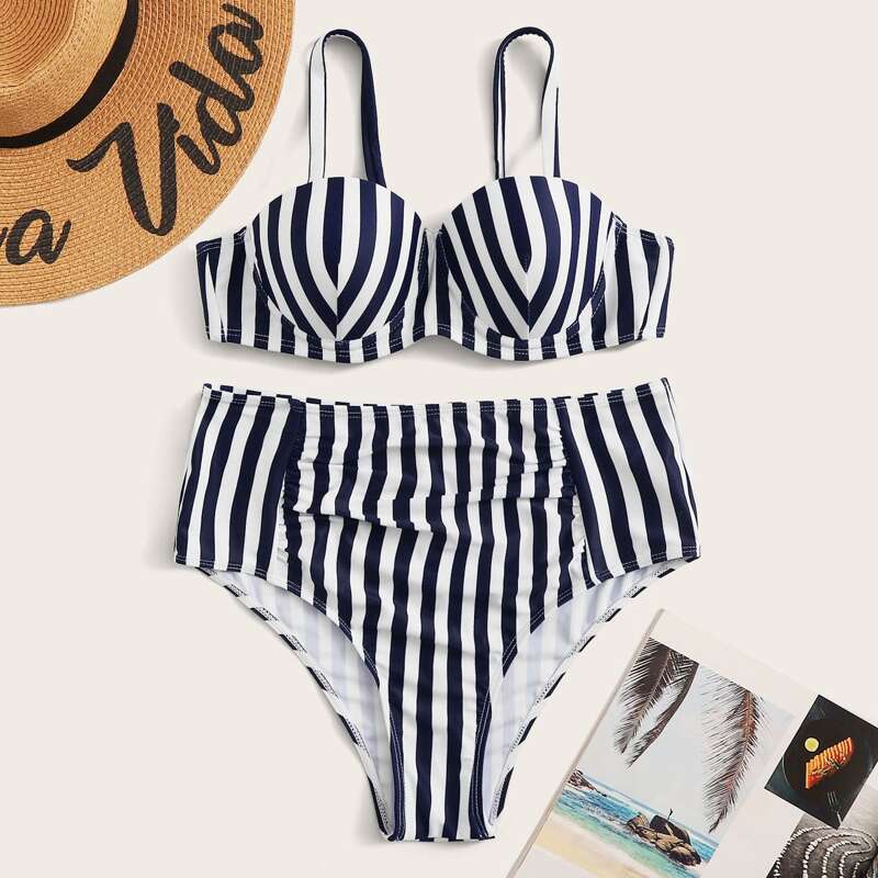 

Striped Push Up Ruched High Waisted Bikini Swimsuit, Black and white