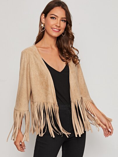 Fringe Hem Open Front Suede Jacket