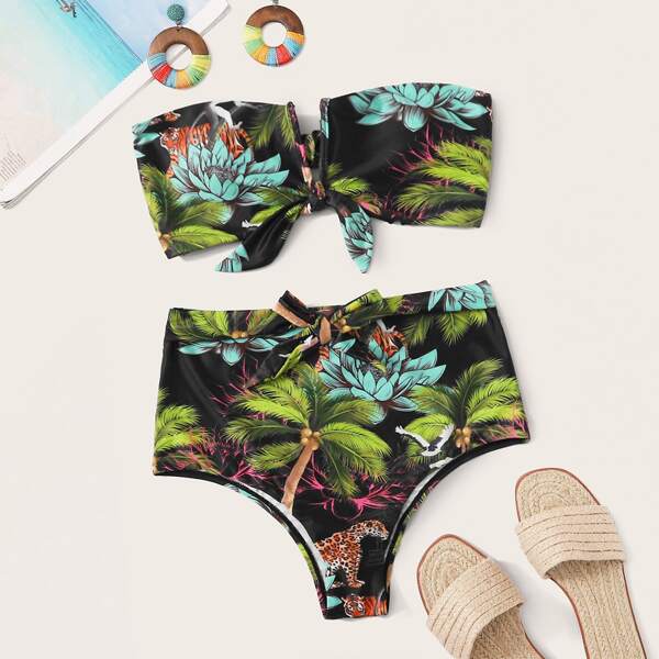 

Tropical Knot Front Bandeau High Waisted Bikini Swimsuit, Multicolor
