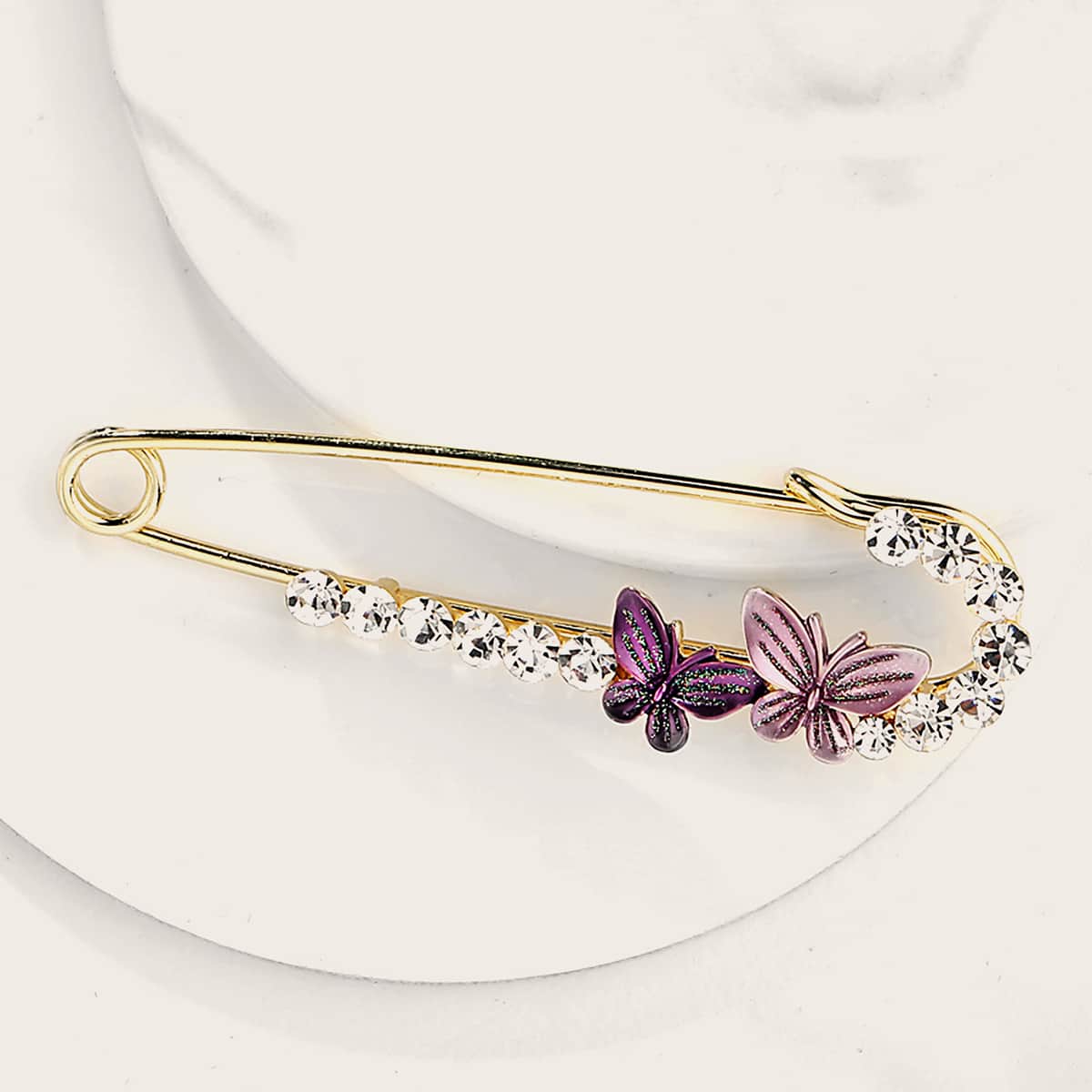 

1pc Rhinestone Engraved Butterfly Safety Pin Design Brooch, Gold