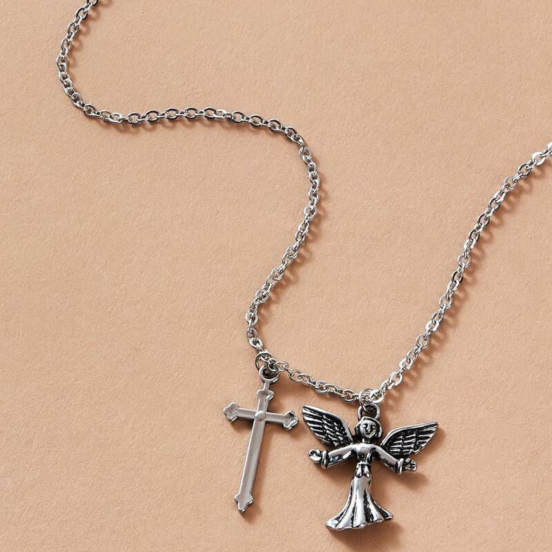 

1pc Angel & Cross Charm Necklace, Silver