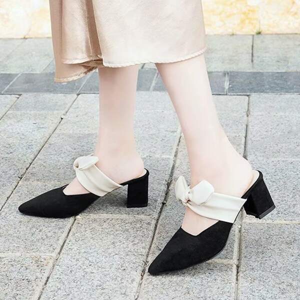 

Bow Decor Chunky Heeled Mules, Black and white