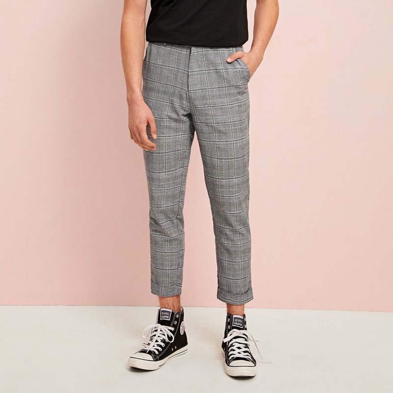 

Guys Button Fly Plaid Print Cuffed Hem Pants, Grey