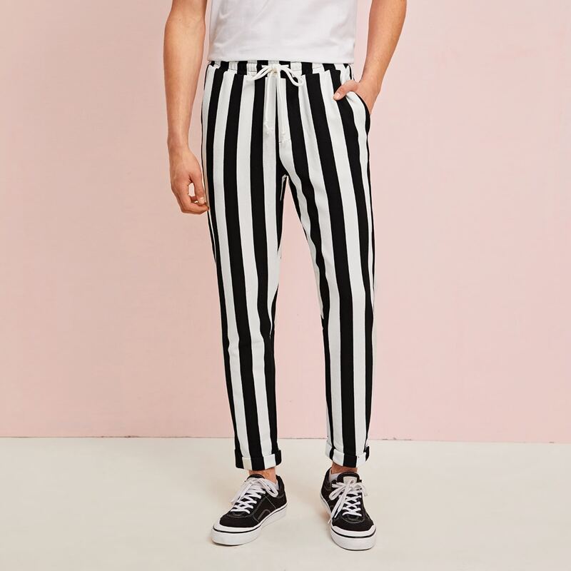 

Guys Drawstring Waist Slant Pocket Striped Pants, Black and white