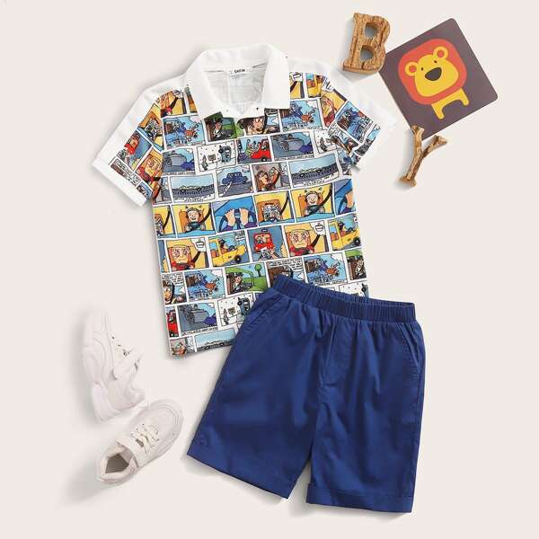

Boys Comic Print Polo Shirt & Shorts Set, Multicolor