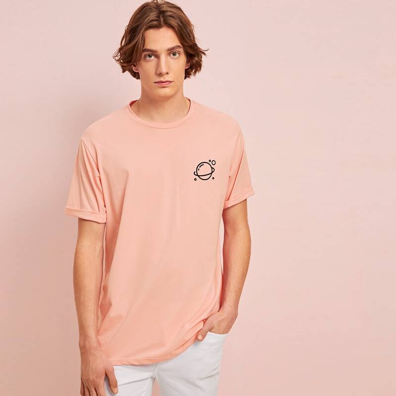 

Guys Cuffed Sleeve Planet Print Top, Coral pink