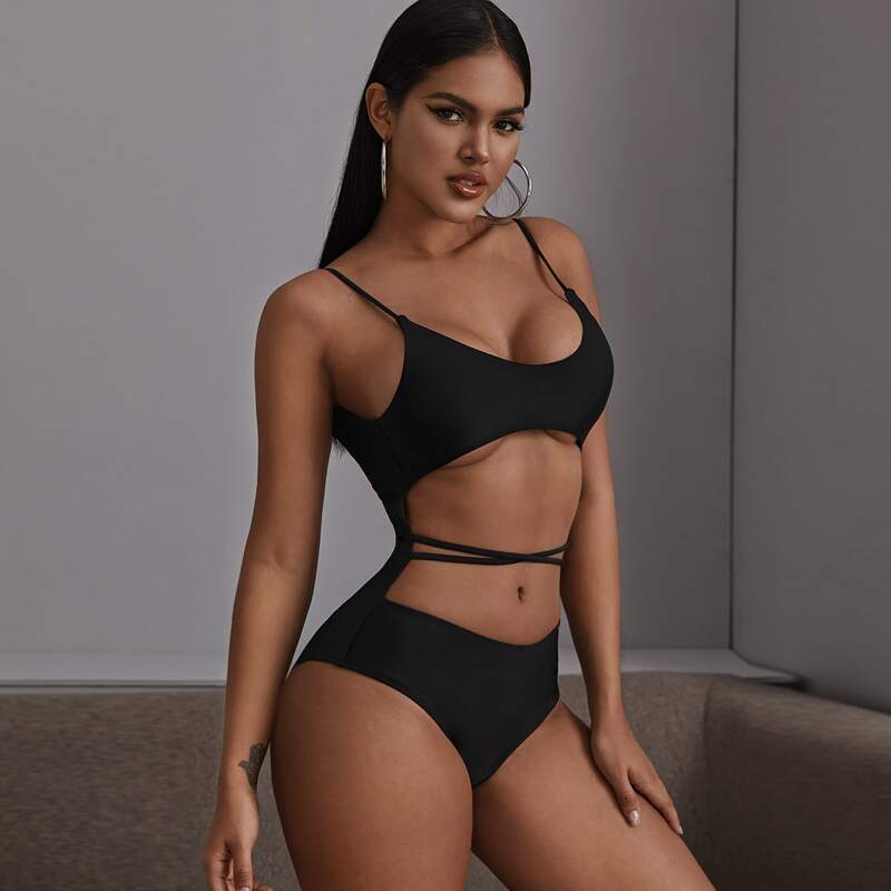 

Criss Cross Cut Out One Piece Swimsuit, Black