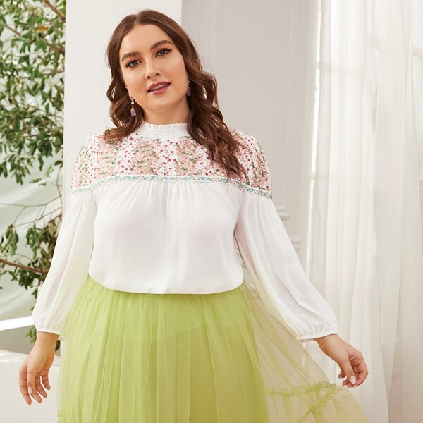 

Plus Shirred Neck Floral Embroidered Mesh Yoke Top, White