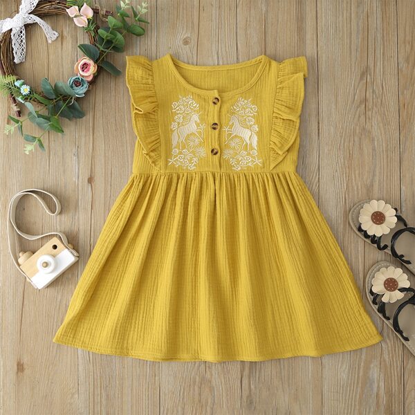 

Toddler Girls Ruffle Trim Embroidery A-line Dress, Yellow
