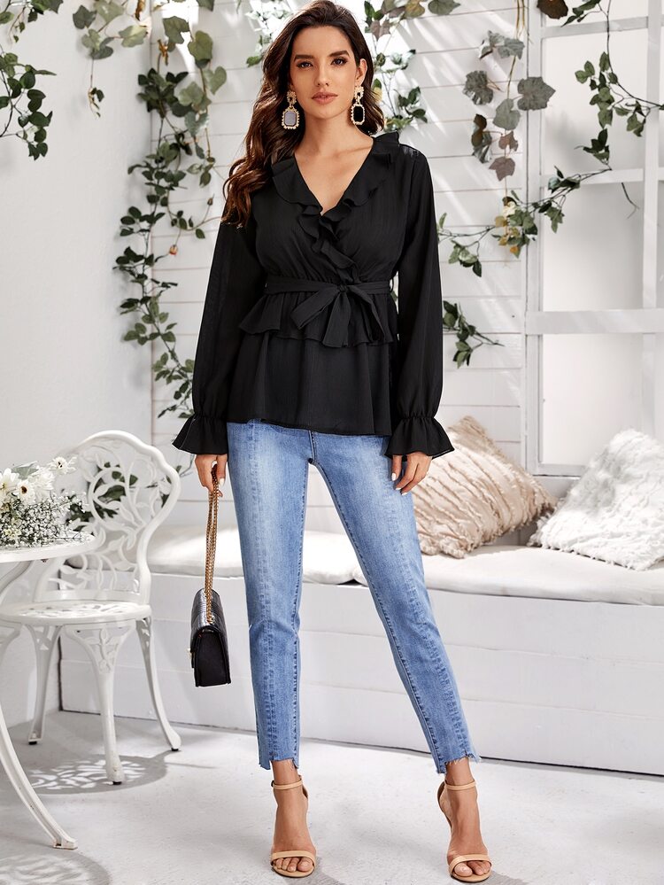 Ruffle Neck Belted Wrap Peplum Top - Black - View 5