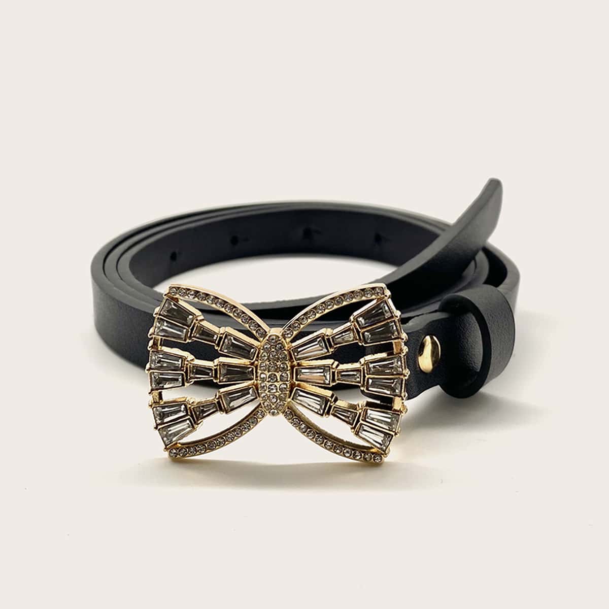 

Rhinestone Engraved Bow Knot Buckle Belt, Black
