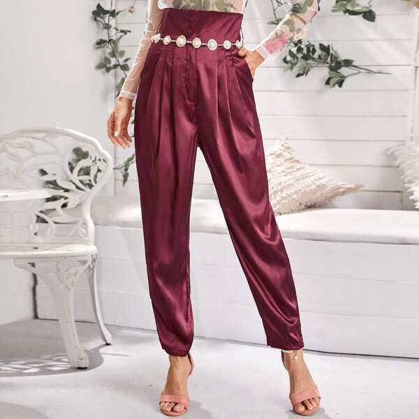 

High Waist Pleated Satin Carrot Pants Without Belt, Burgundy