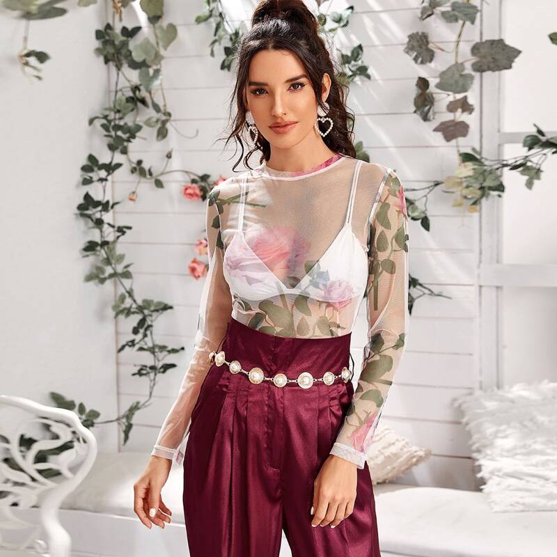 

Floral Print Sheer Mesh Top Without Bra, White