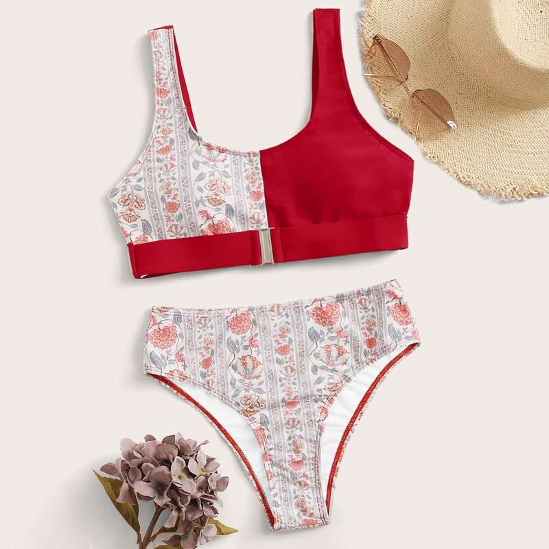 

Floral Random Print Belted High Waisted Bikini Swimsuit, Multicolor