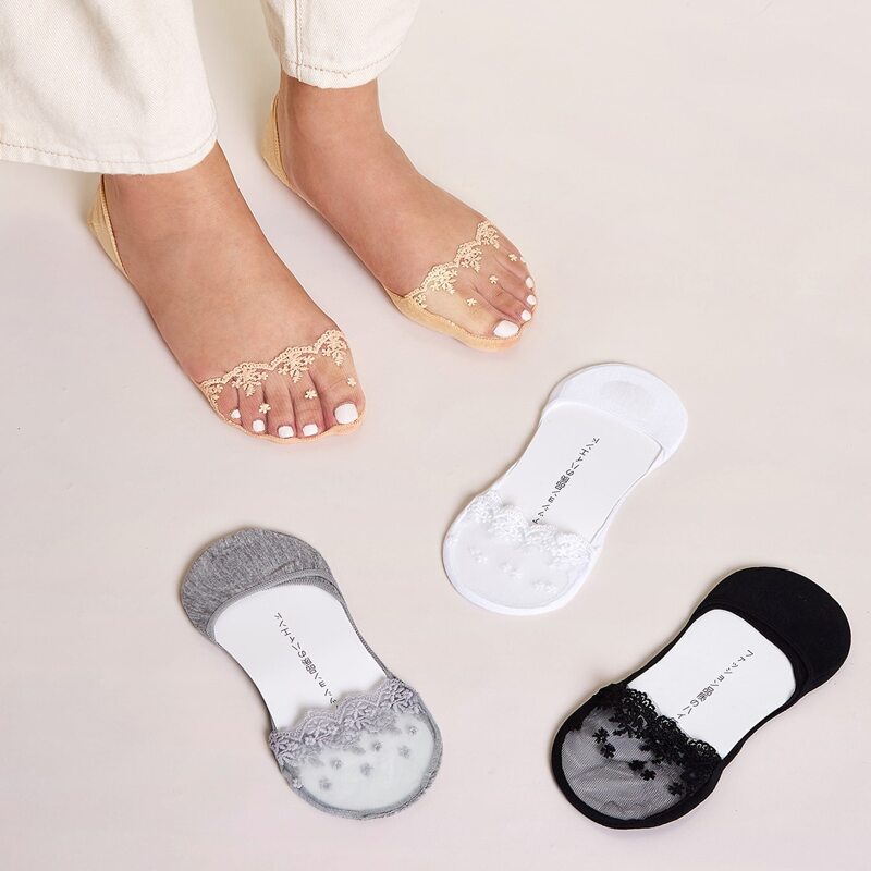 

4pairs Lace Flower Invisible Socks, Multicolor
