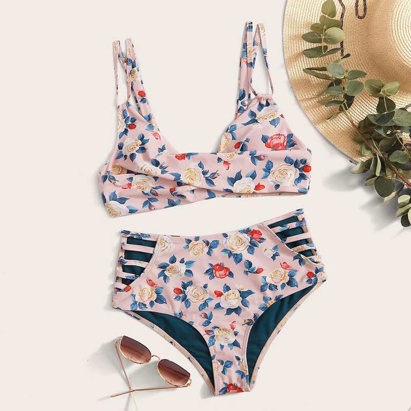 

Floral Random Print Top With High Waist Bikini Set, Multicolor