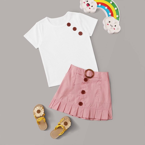 

Toddler Girls Button Detail Ribbed Tee & Skirt, Multicolor