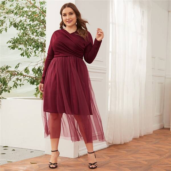 

Plus Cross Wrap Front Contrast Mesh Flare Dress, Burgundy
