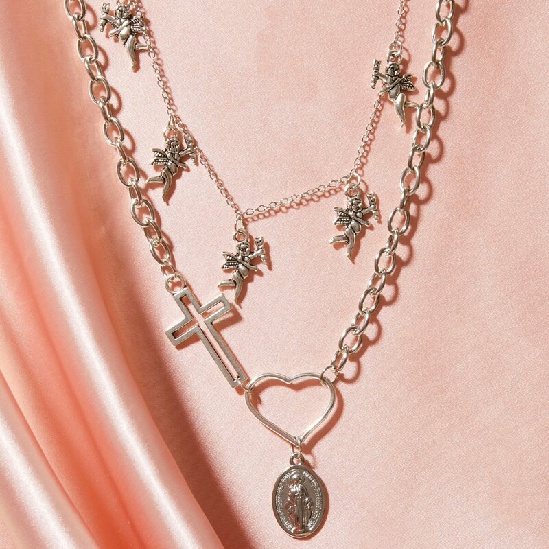 

2pcs Angel & Heart Charm Necklace, Silver
