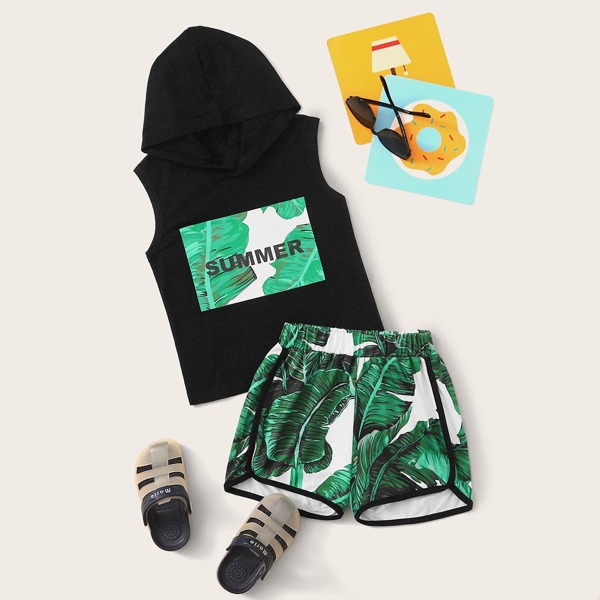 

Toddler Boys Tropical Print Hooded Tank Top With Track Shorts, Multicolor