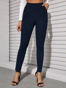 SHEIN Privé Slant Pocket Solid Skinny Trousers - Navy Blue - View 1