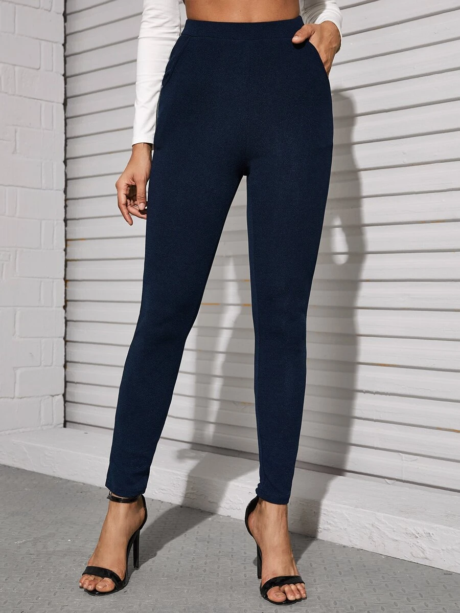 SHEIN Privé Slant Pocket Solid Skinny Trousers - Navy Blue - View 1