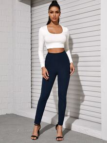 SHEIN Privé Slant Pocket Solid Skinny Trousers - Navy Blue - View 3