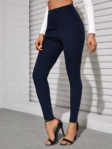SHEIN Privé Slant Pocket Solid Skinny Trousers - Navy Blue - View 4