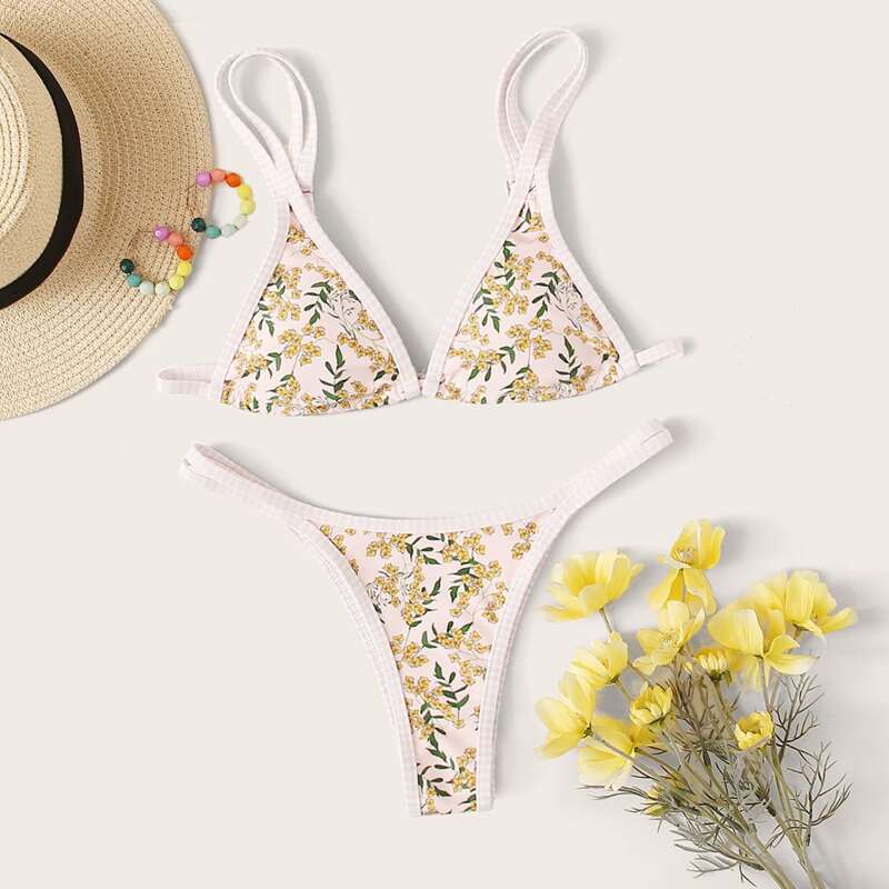 

Floral Random Print Triangle Top Thong Bikini Swimsuit, Multicolor