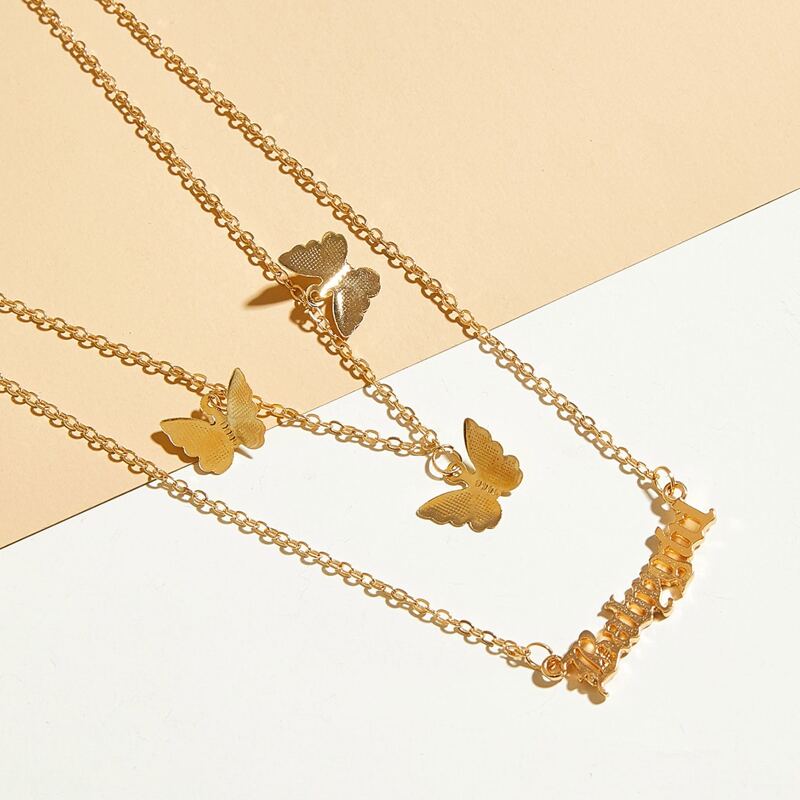 

1pc Letter & Butterfly Charm Layered Necklace, Gold