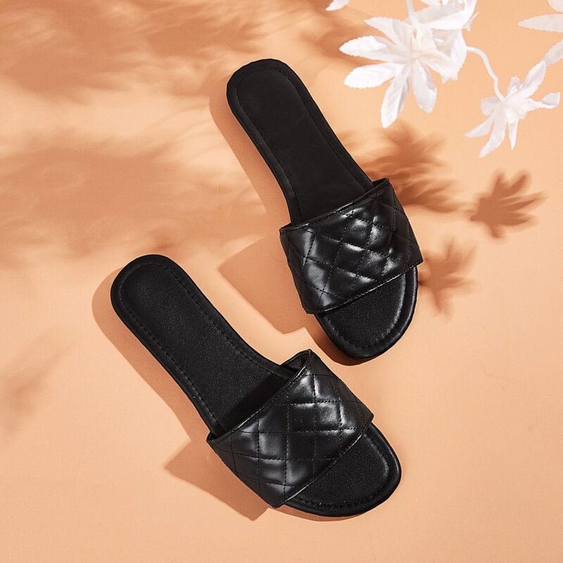 

Quilted Open Toe Sliders, Black