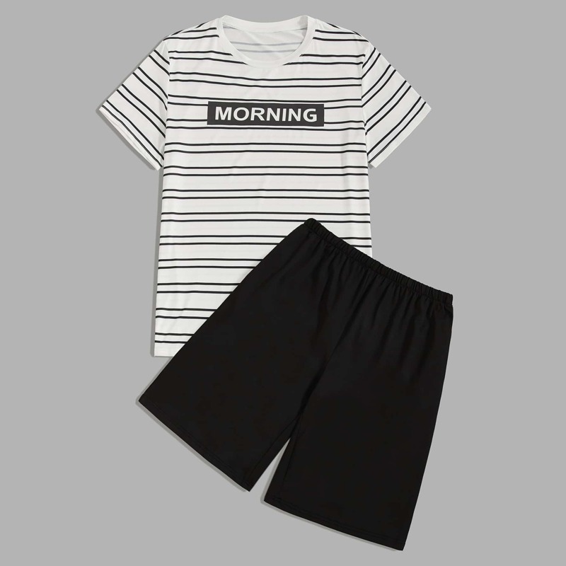 

Guys Letter & Striped Print Tee & Shorts PJ Set, Black and white
