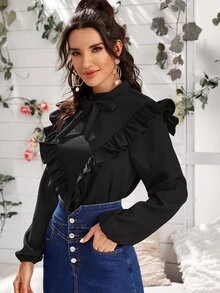 Svart Knapp Slätt Elegant Blusar
