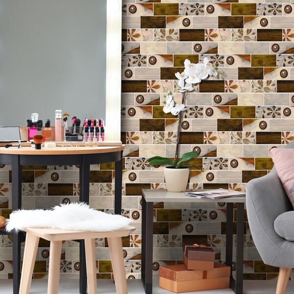 

4pcs Floral Print Stone Brick Pattern Wall Sticker