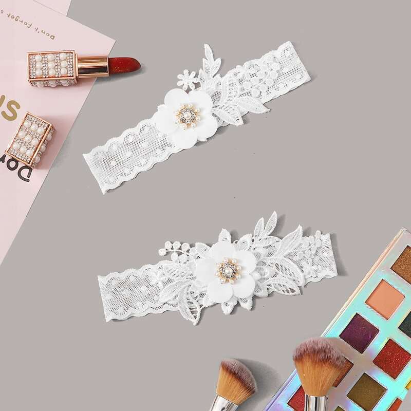 

1pair Floral Lace Leg Ring, White