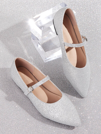 Point Toe Buckle Strap Glitter Flats