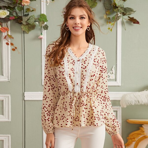 

Button Front Heart Print Peplum Top, Multicolor