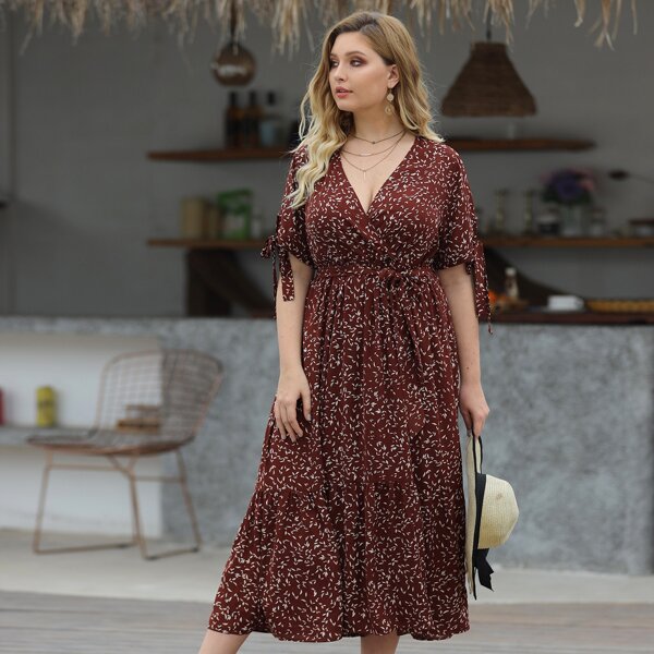 

Plus Allover Print Knot Cuff Belted A-line Dress, Brown